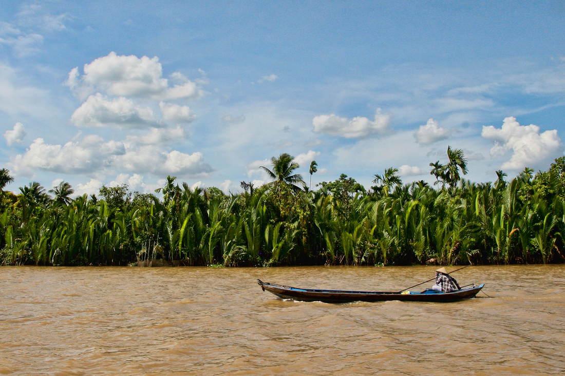Мужчина плывет на лодке по реке Меконг, Вьетнам