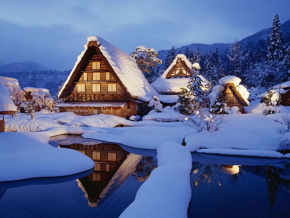 сиракава-го деревня заснеженные дома Япония